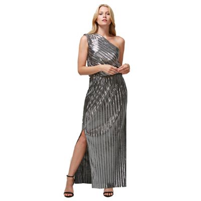 Silver Pleated One Shoulder Maxi Dress with Clever Lining